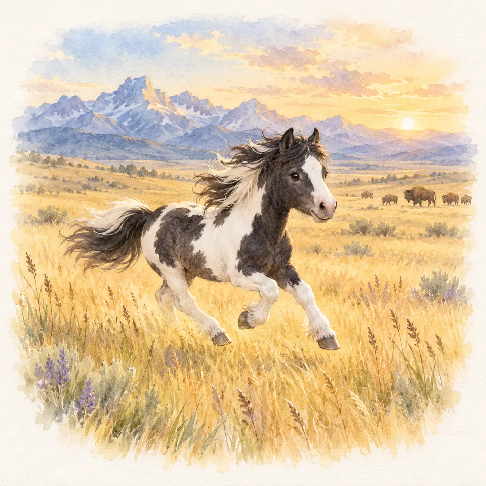 Petit Tonnerre, poney pie noir, galope dans une prairie dorée devant des montagnes et un troupeau de bisons
