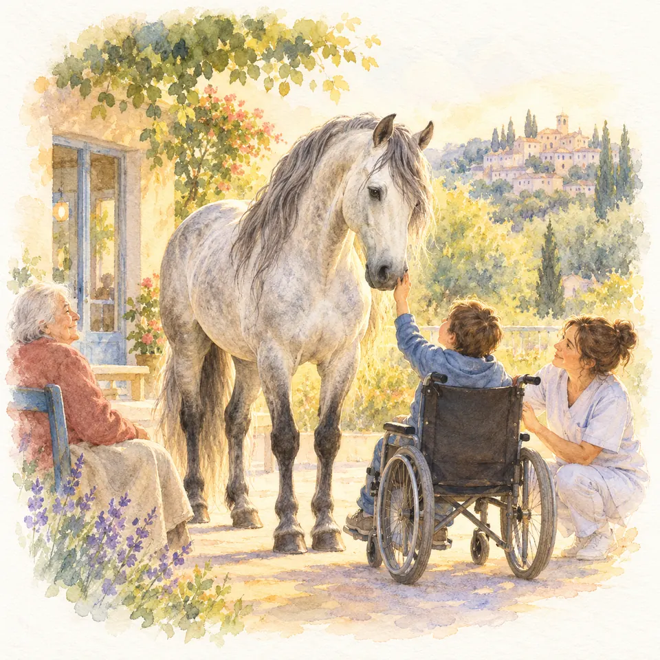 Peyo, cheval gris, approche son museau de la main d’un enfant en fauteuil roulant, près d’une soignante sur une terrasse
