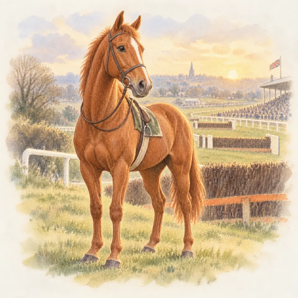 Red Rum, cheval alezan sellé et bridé, se tient sur l’herbe devant les obstacles de haies et les tribunes d’un hippodrome