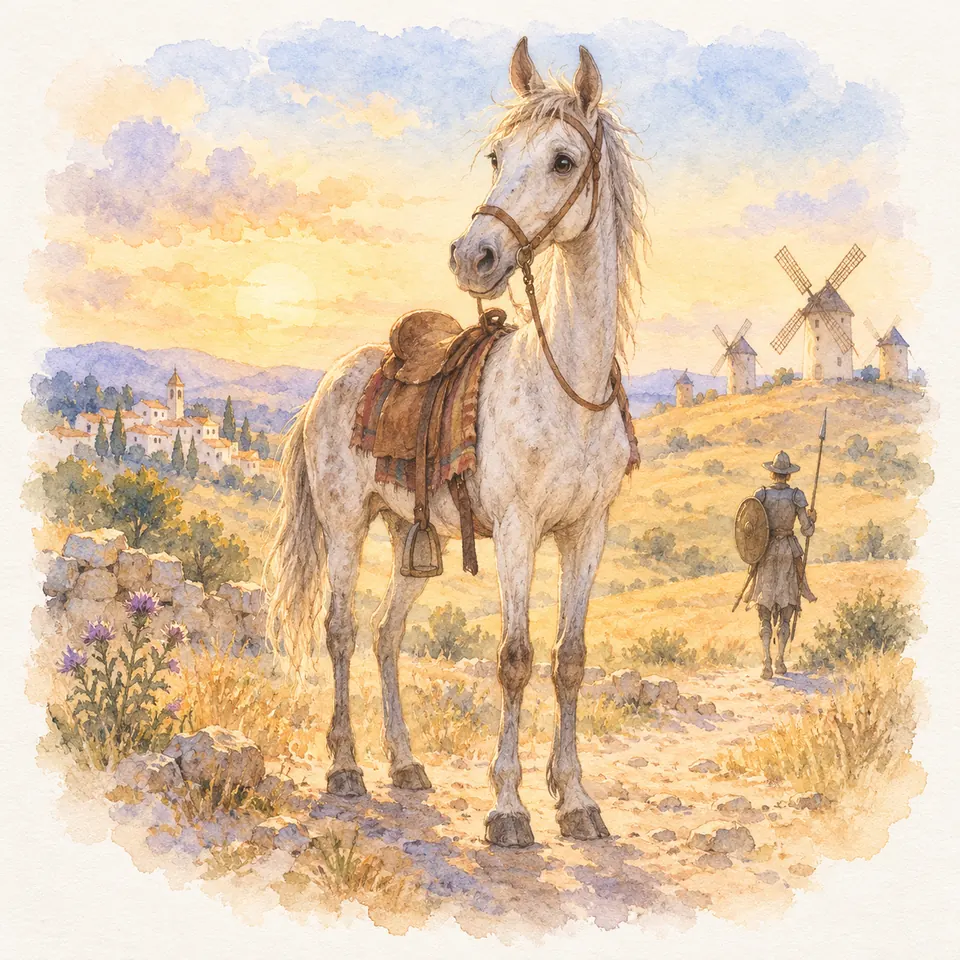 Rossinante, cheval gris sellé et bridé, se tient sur un chemin pierreux, près d’un homme en armure et de moulins