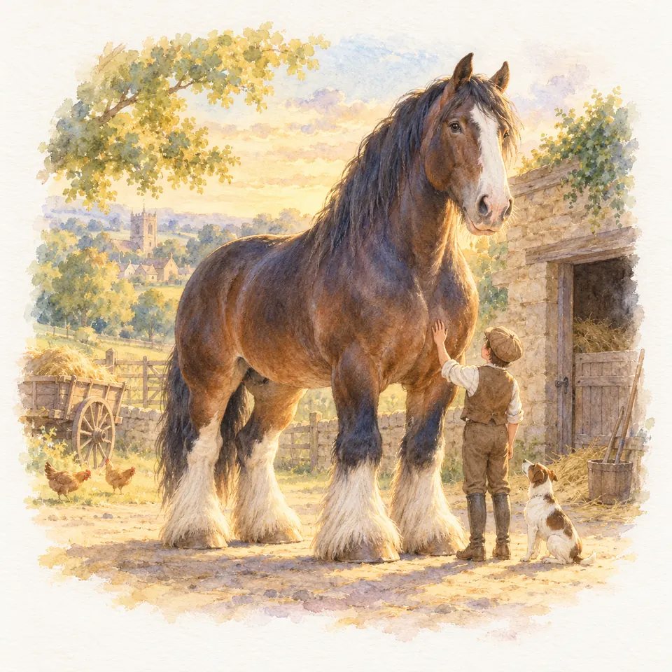 Sampson, grand cheval bai aux fanons blancs, se tient près d’une écurie, avec un enfant qui lui touche le poitrail