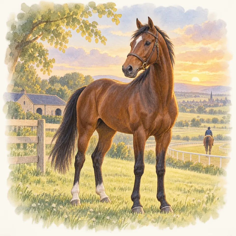Sea The Stars, cheval bai en bridon, se tient dans l’herbe près d’une clôture, avec un cavalier sur une piste au loin