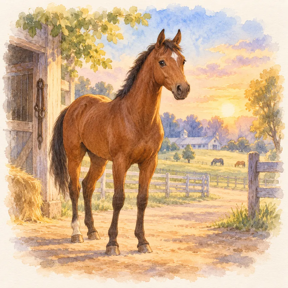 Seabiscuit, cheval bai à la crinière noire, se tient devant une écurie ouverte, près de prés où paissent des chevaux