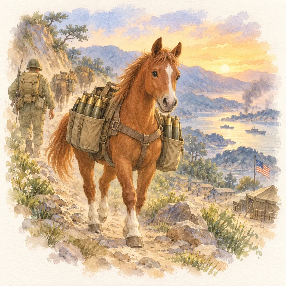 Sergeant Reckless, cheval alezan chargé de munitions, marche sur un sentier rocheux avec des soldats près d’un camp