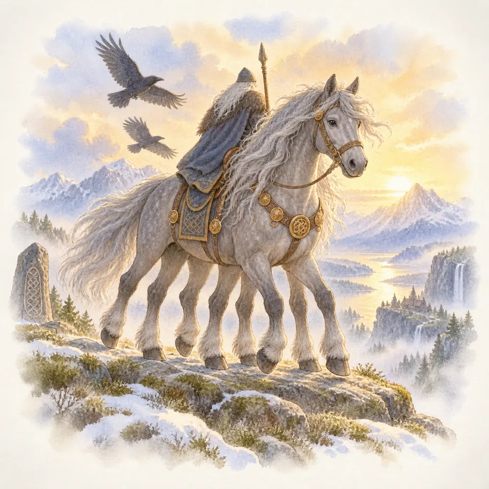 Sleipnir, cheval gris à huit jambes, porte un cavalier muni d’une lance sur un plateau rocheux dominant un fjord