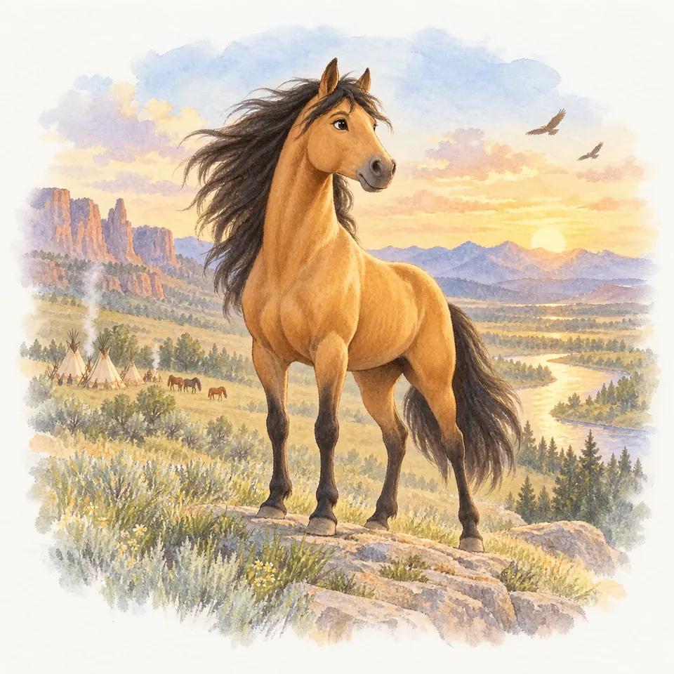 Spirit, cheval isabelle à la crinière noire, se tient sur un rocher au-dessus d’une vallée avec une rivière et des tipis