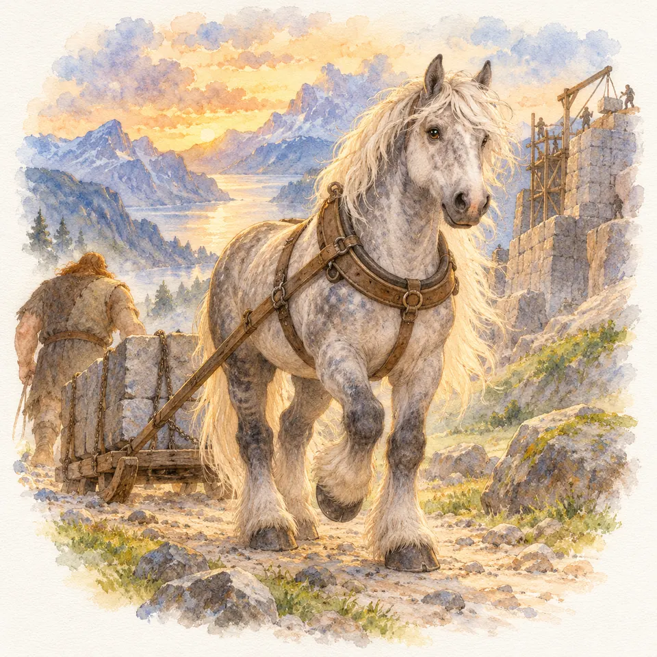 Svadilfari, cheval gris harnaché, tire un traîneau chargé de blocs de pierre près d’un homme et d’un mur en construction