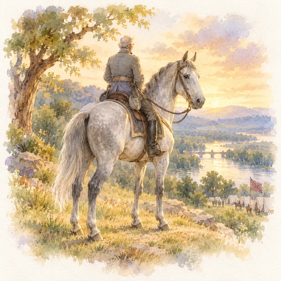 Traveller, cheval gris monté par un cavalier en uniforme, se tient sur une hauteur dominant une rivière et un campement