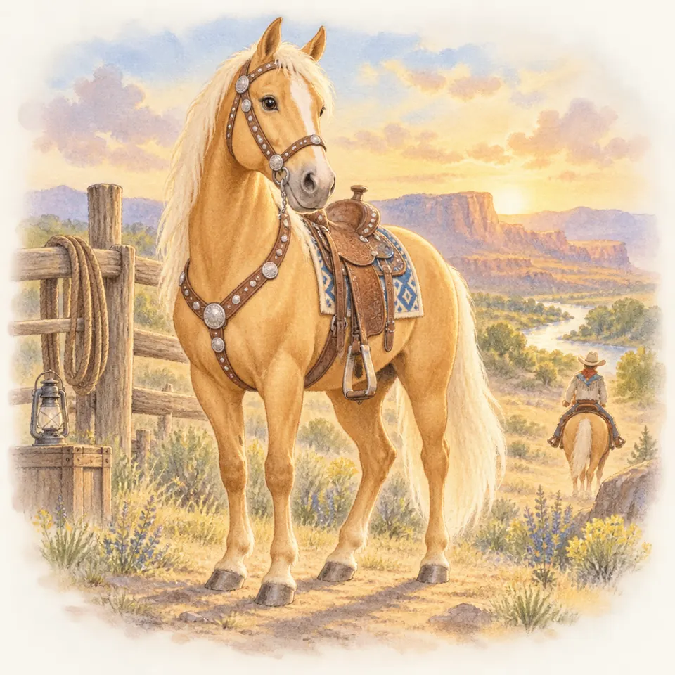 Trigger, cheval palomino équipé d’une selle western et d’un bridon orné, se tient près d’une clôture dans un paysage aride