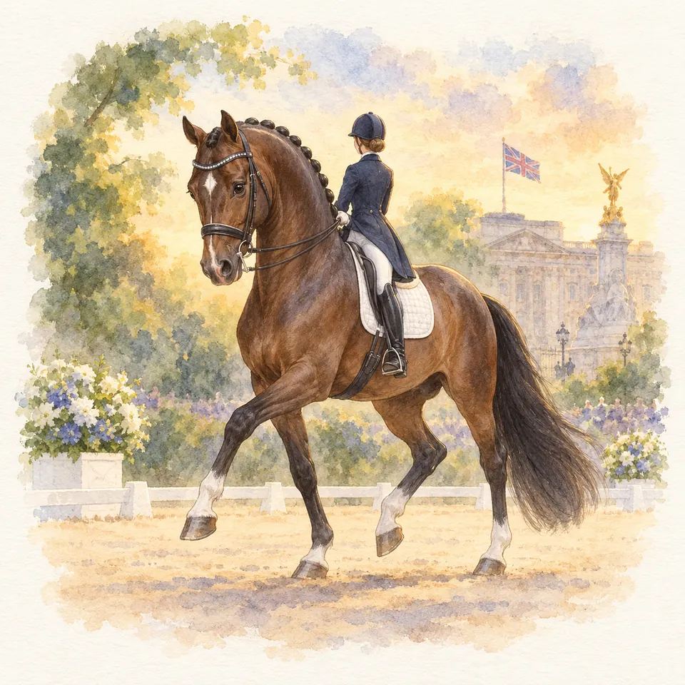 Valegro, cheval bai à la crinière tressée, lève un antérieur sous une cavalière en tenue de dressage dans une carrière