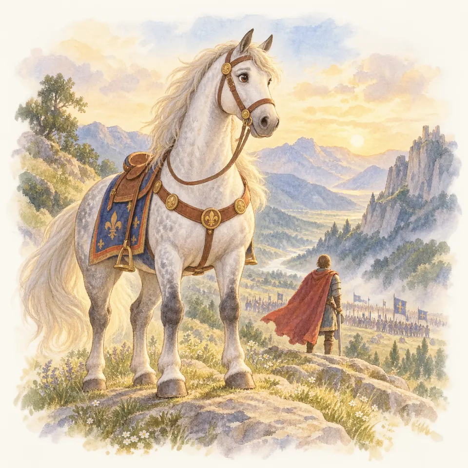 Veillantif, cheval gris sellé avec un tapis à fleurs de lys, se tient près d’un chevalier face à une vallée montagneuse