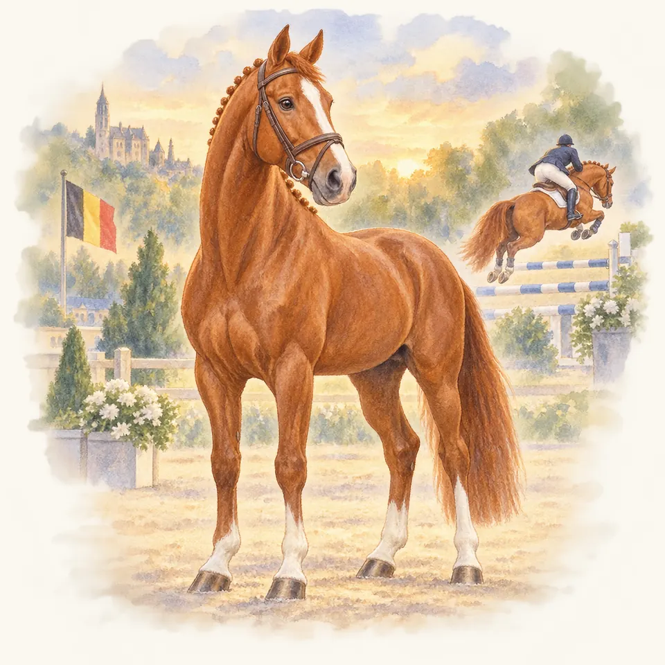 Vigo d’Arsouilles, cheval alezan à la crinière tressée, se tient dans une carrière où un cavalier franchit un obstacle