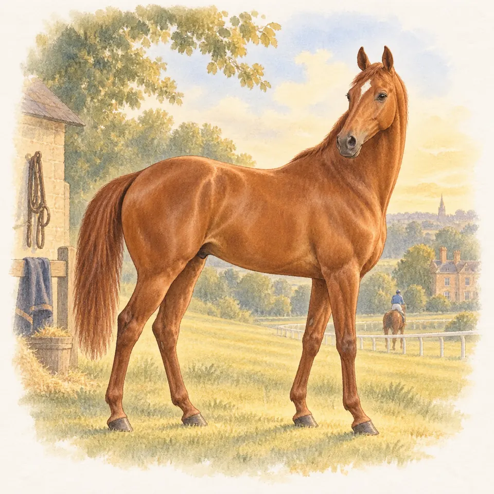 Whistlejacket, cheval alezan à la longue crinière, se tient debout près d’une écurie, avec un cavalier au loin