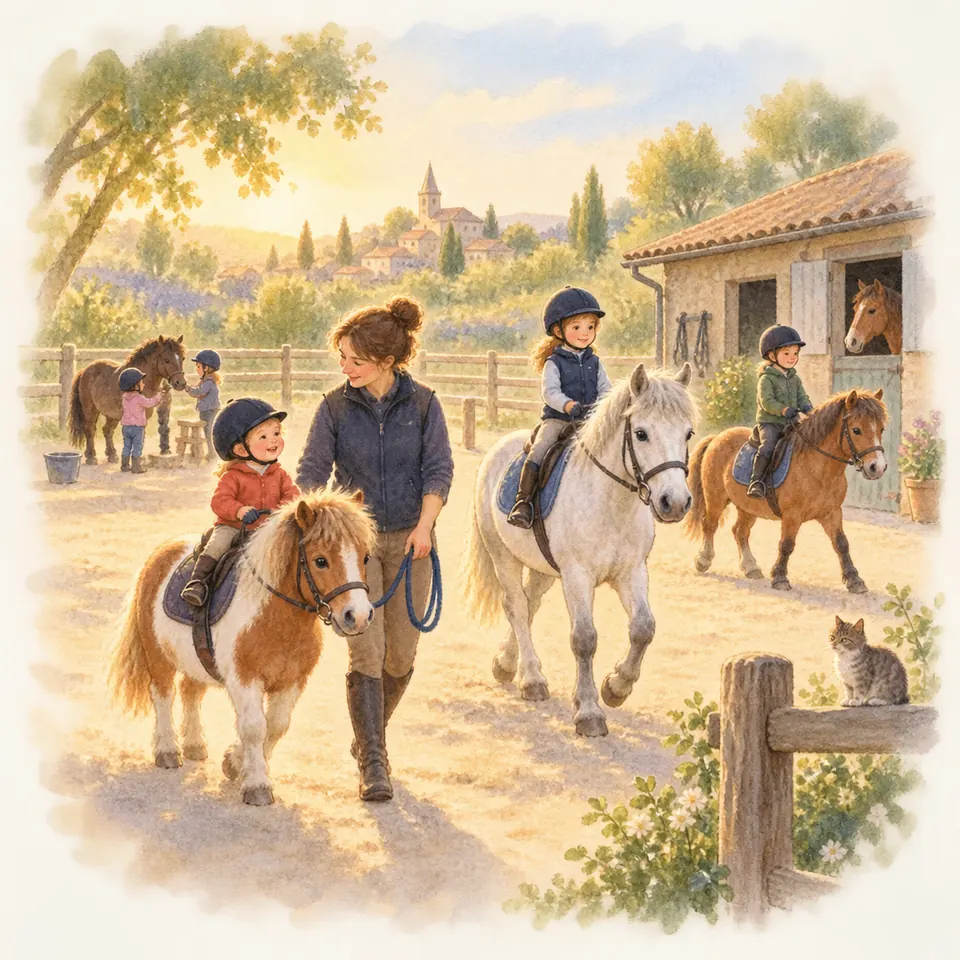 Une monitrice mène un poney pie alezan monté par un jeune enfant casqué, près d’autres enfants à poney devant les écuries