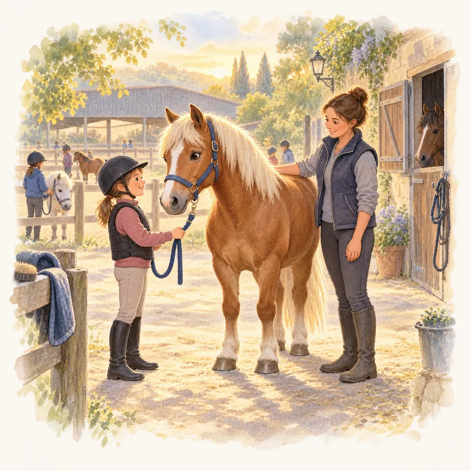 Une fillette tient la longe d’un poney alezan aux crins blonds, tandis qu’une monitrice lui caresse l’encolure dans la cour d’une écurie