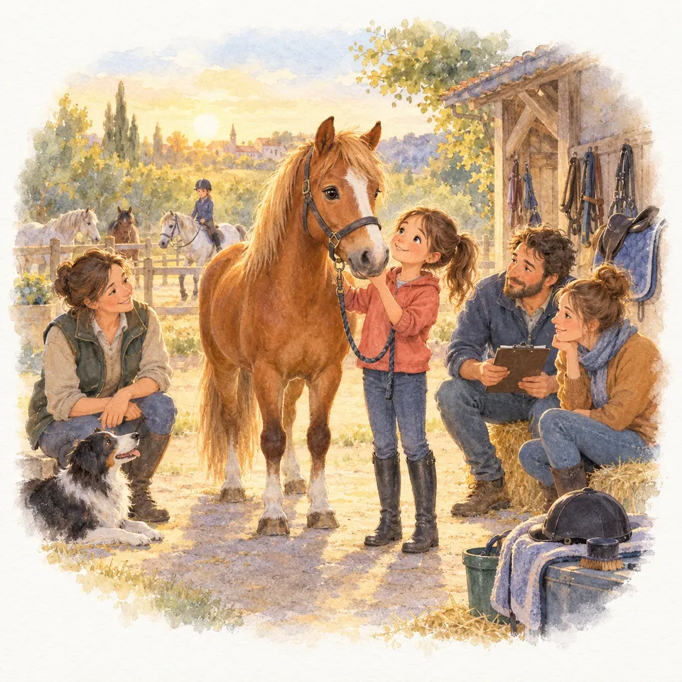 Une enfant caresse le museau d’un cheval alezan en licol devant trois adultes assis près de l’écurie, dont un tient une tablette