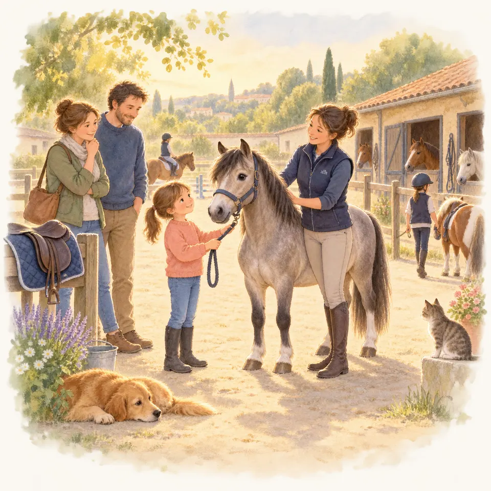 Une fillette tient la longe d’un poney gris avec une cavalière devant une écurie, tandis que des chevaux, des cavaliers, un chien et un chat les entourent