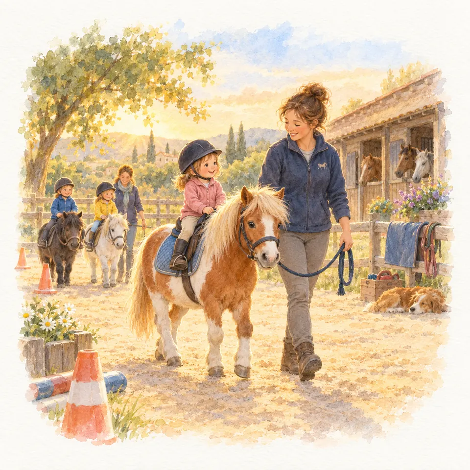 Une monitrice mène en longe un poney pie alezan monté par une petite enfant casquée, près de plots devant les écuries