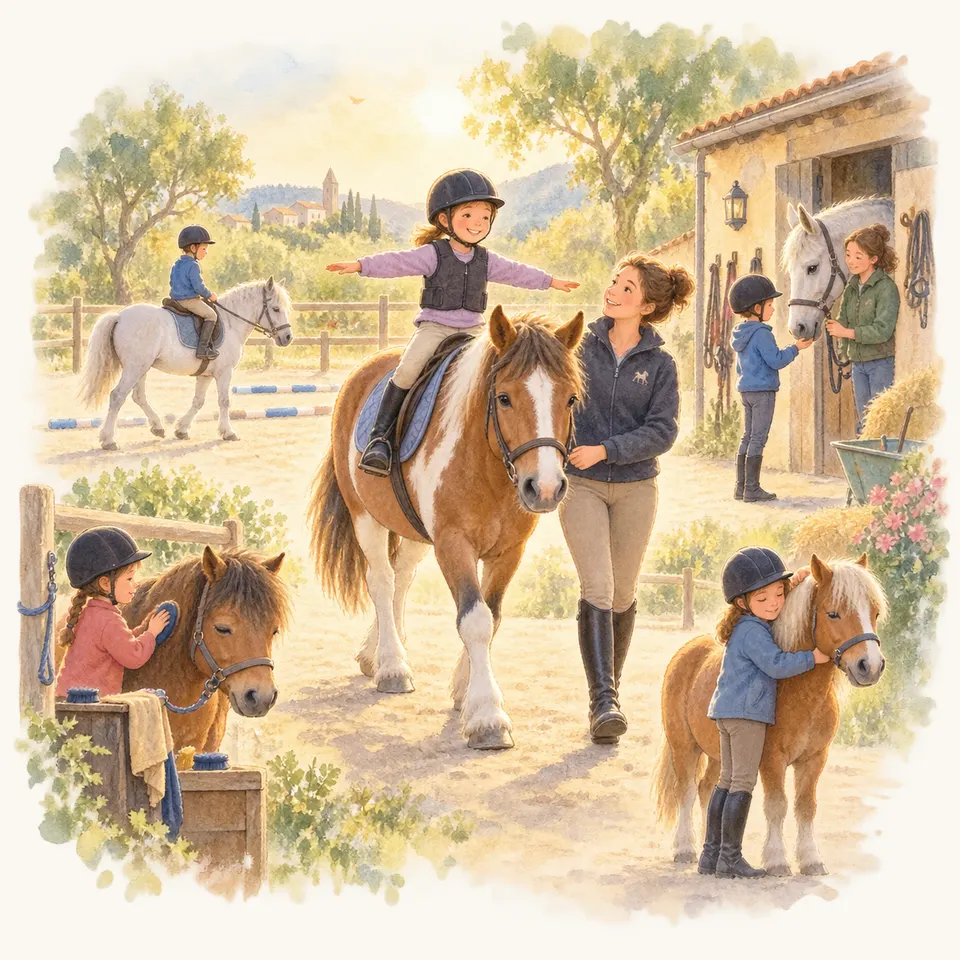 Des enfants montent des poneys et en pansent d’autres dans un centre équestre, tandis qu’une monitrice accompagne une cavalière près de l’écurie
