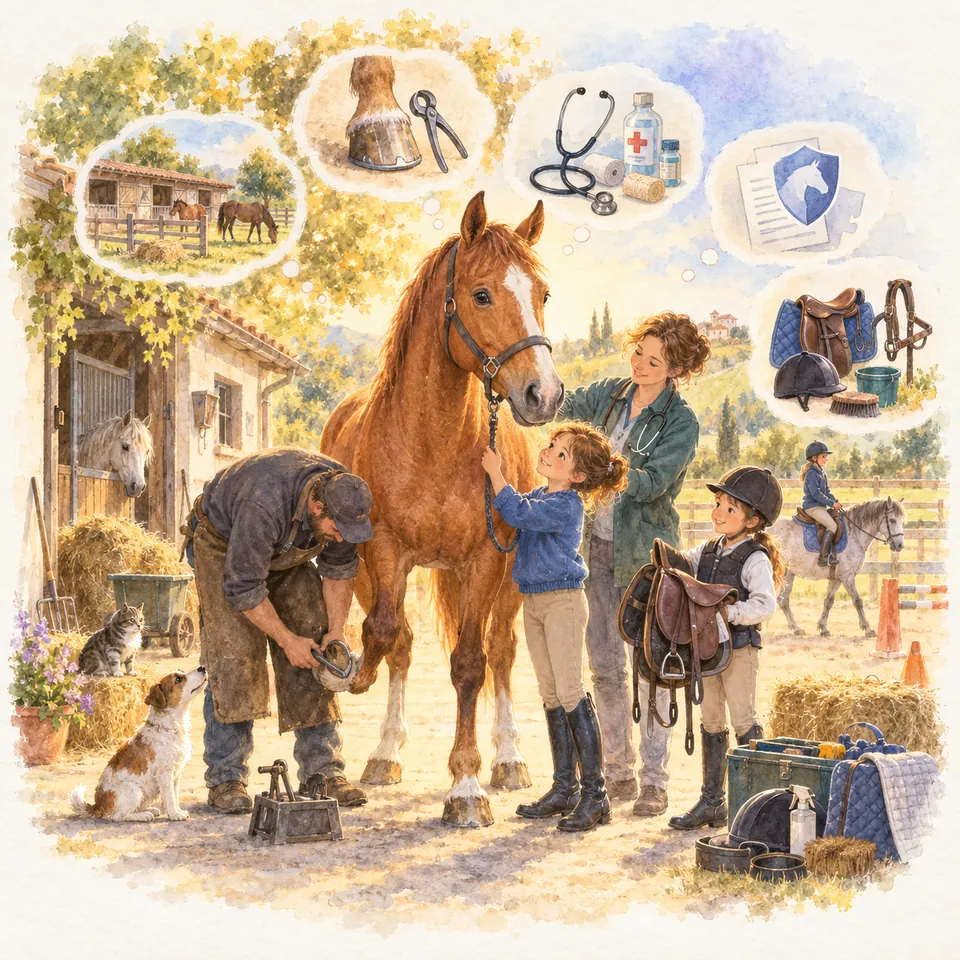 Un maréchal-ferrant travaille sur le sabot d’un cheval alezan tenu par une enfant, près des boxes et du matériel équestre