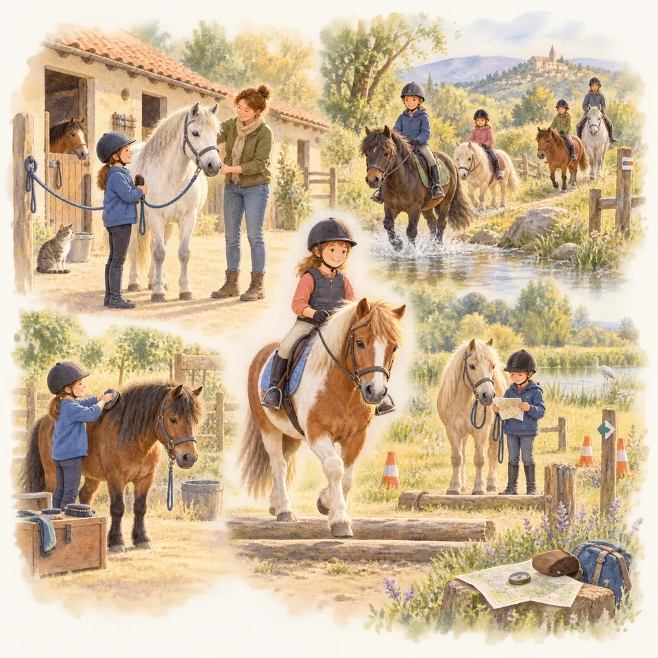 Des enfants s’occupent de chevaux et de poneys dans un centre équestre, tandis que plusieurs cavaliers franchissent un ruisseau et des troncs