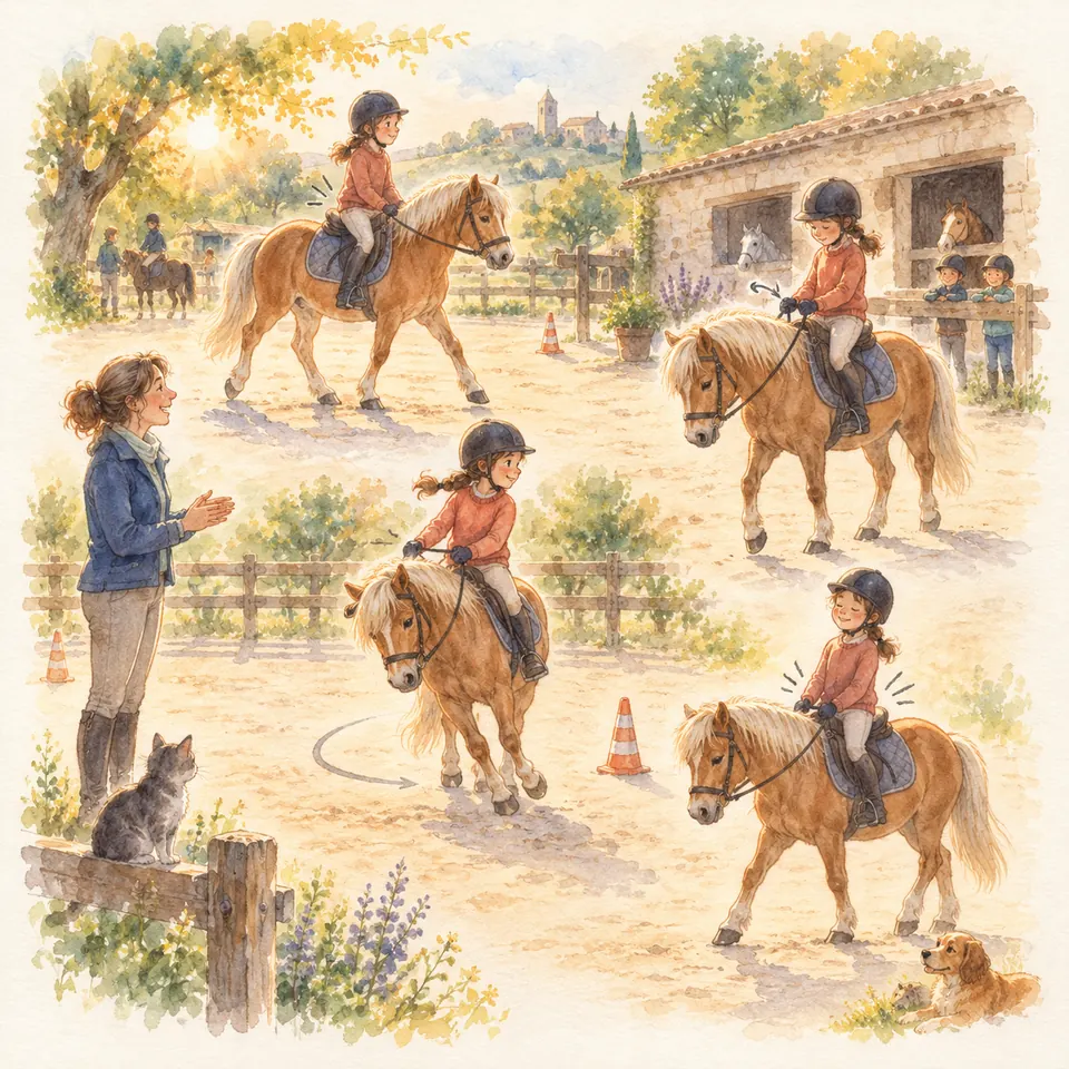 Une enfant monte un poney palomino en carrière sous le regard d’une monitrice, avec des repères près des mains et des jambes