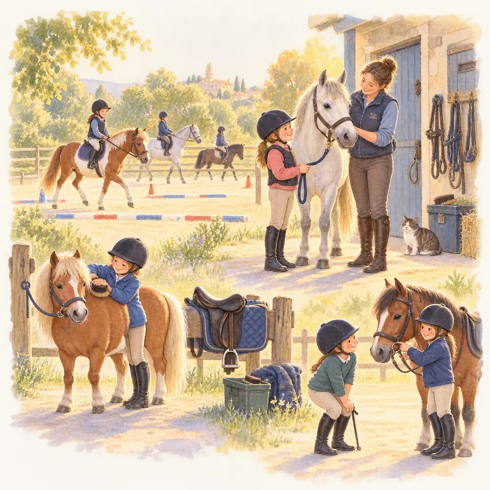 Dans un centre équestre, des enfants montent à poney, brossent des chevaux ou tiennent leurs longes, tandis qu’une femme s’occupe d’un grand cheval blanc