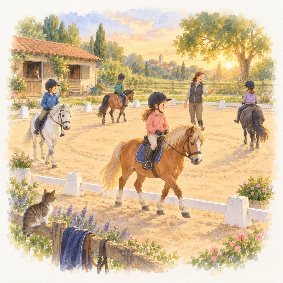 Des enfants montent des poneys palomino, gris et bais autour d’une monitrice, dans une carrière bordée de plots blancs