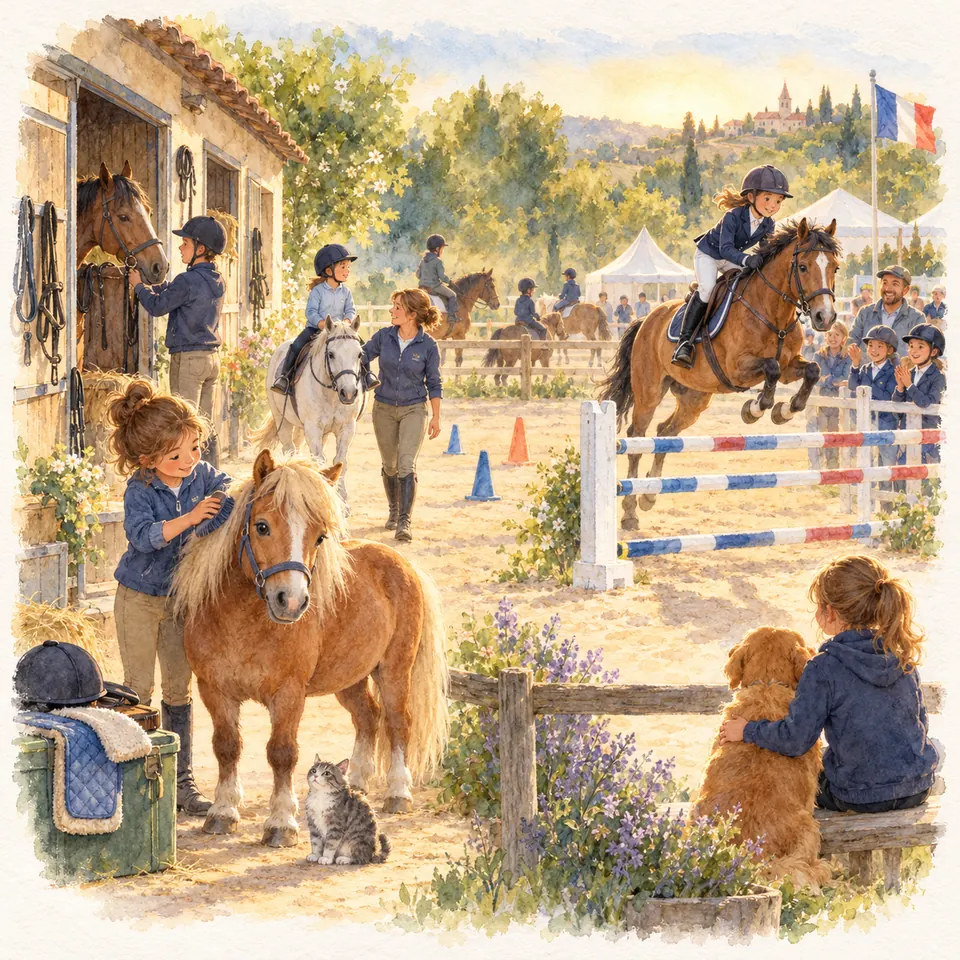 Un cavalier sur un cheval bai franchit un obstacle tandis que des enfants pansent des poneys dans la cour du centre équestre