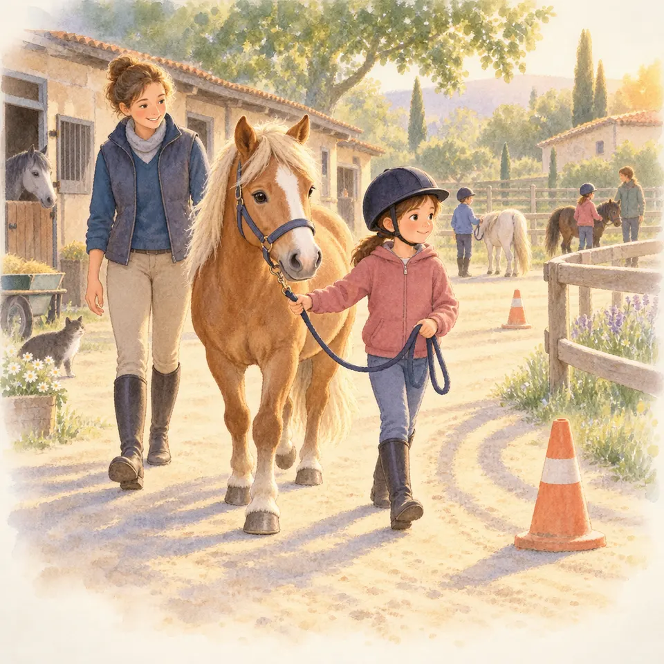 Une enfant en casque mène un poney alezan à crins blonds et liste blanche, accompagnée d’une jeune femme dans une cour de centre équestre
