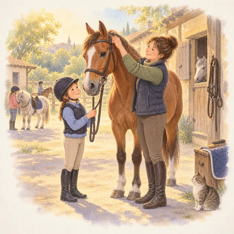 Une femme ajuste le filet d’un cheval alezan tandis qu’un enfant tient les rênes, dans une cour d’écurie où des poneys et un chat sont visibles