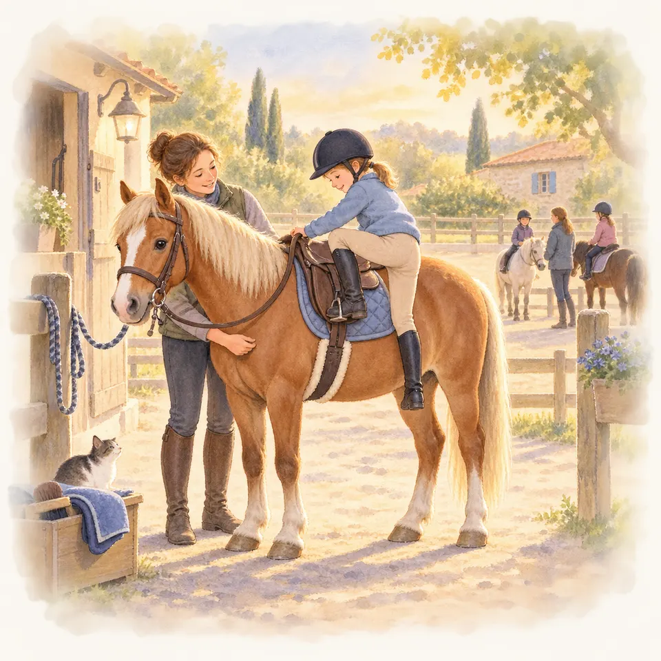 Une enfant casquée passe la jambe au-dessus d’un poney alezan depuis un montoir en bois, une monitrice tenant le poney