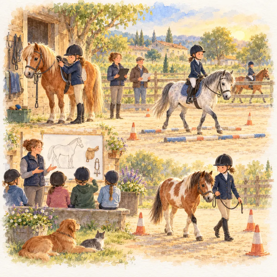 Des enfants montent un poney gris sur des barres au sol, mènent un pie en main et suivent un cours avec une monitrice