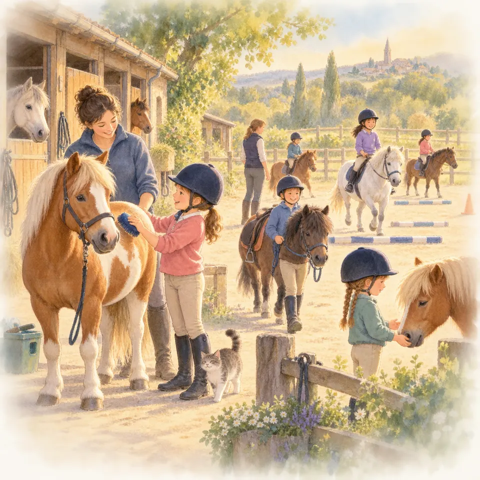 Au poney-club, des enfants montent en file derrière une monitrice, pansent un poney pie alezan et courent entre des plots