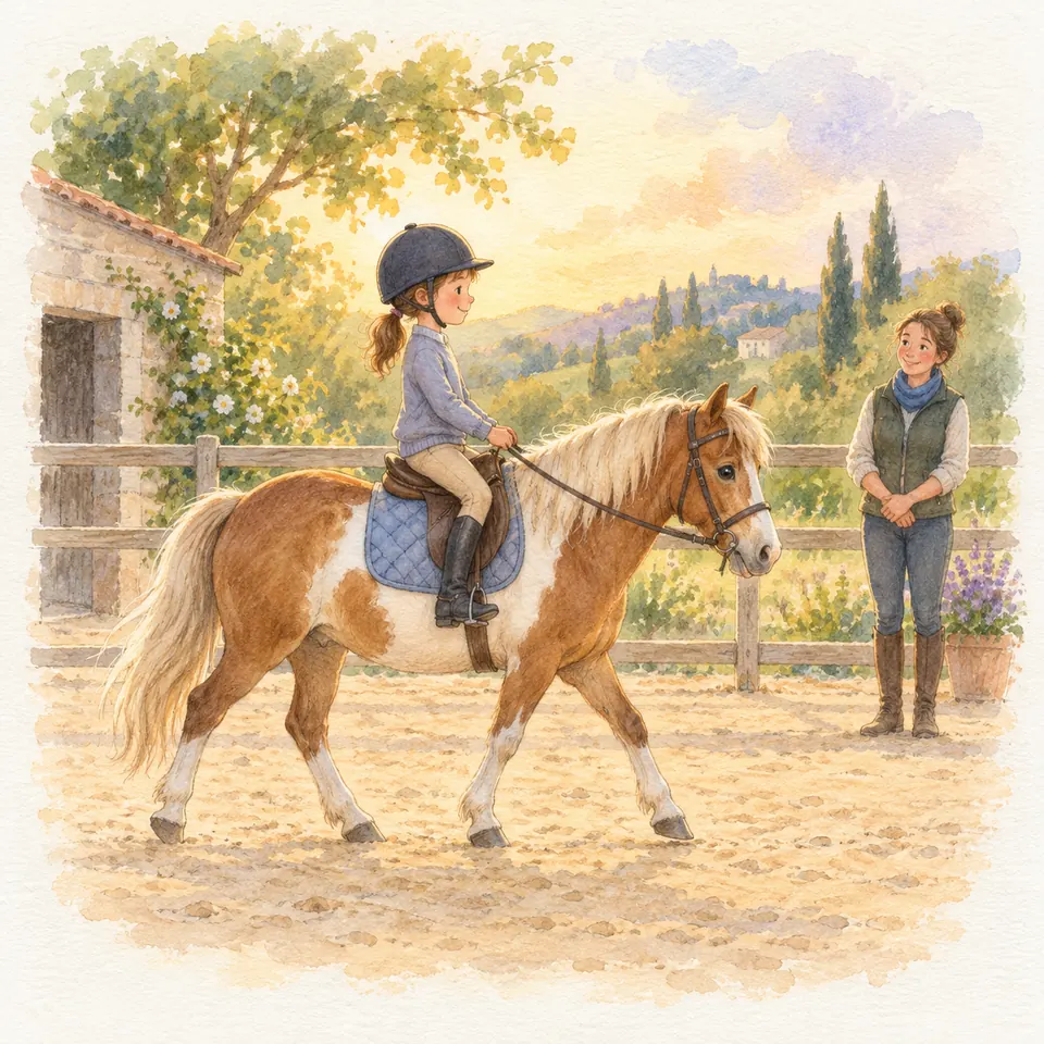 Une jeune cavalière se tient droite en selle sur un poney pie alezan au pas dans la carrière, devant une monitrice