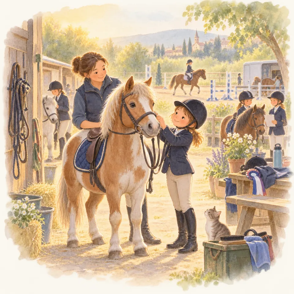 Une enfant casquée ajuste le filet d’un poney pie alezan sellé avec une monitrice, près d’une carrière d’obstacles