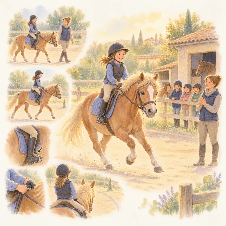Une jeune cavalière casquée galope sur un poney alezan dans la carrière, sous le regard d’une monitrice et de trois enfants