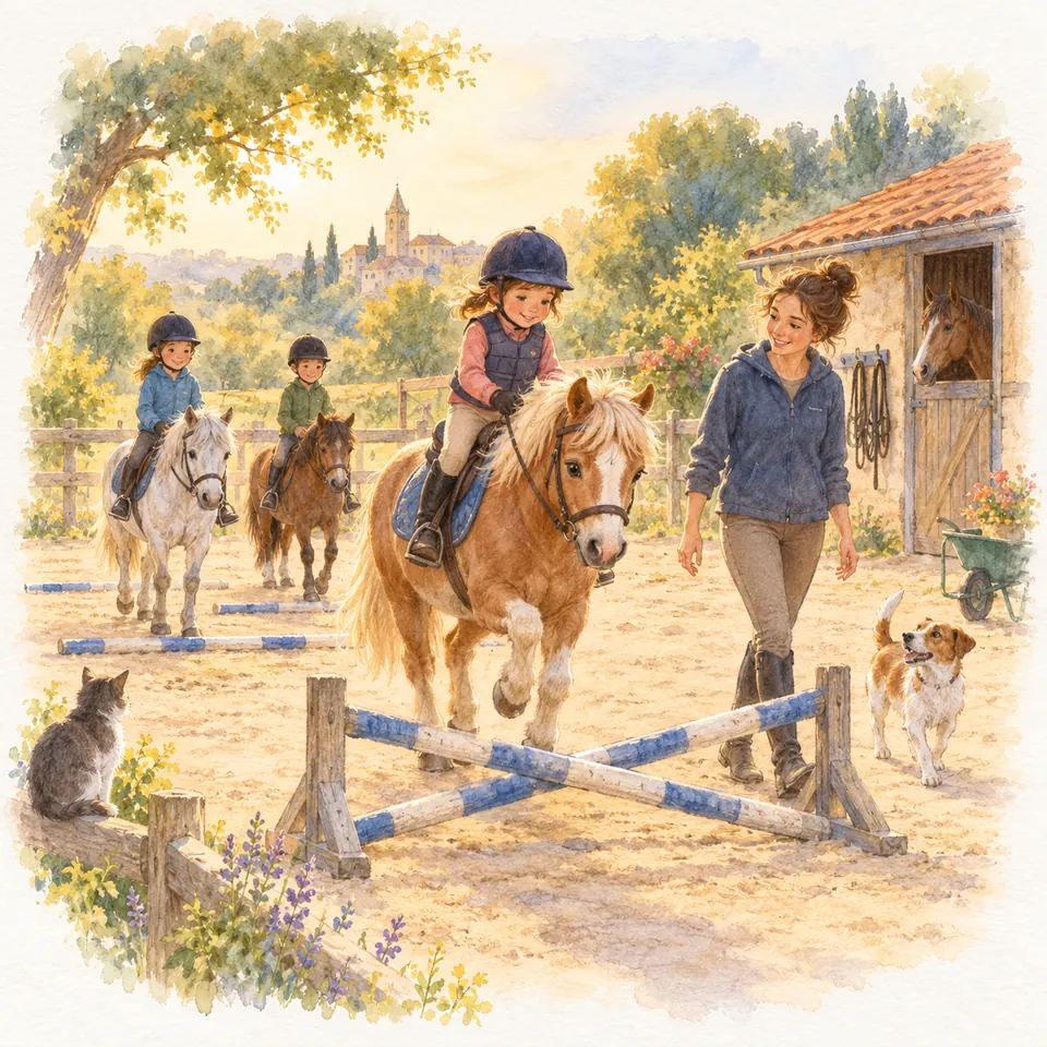 Une enfant casquée franchit un croisillon sur un poney alezan, accompagnée d’une monitrice à pied dans la carrière
