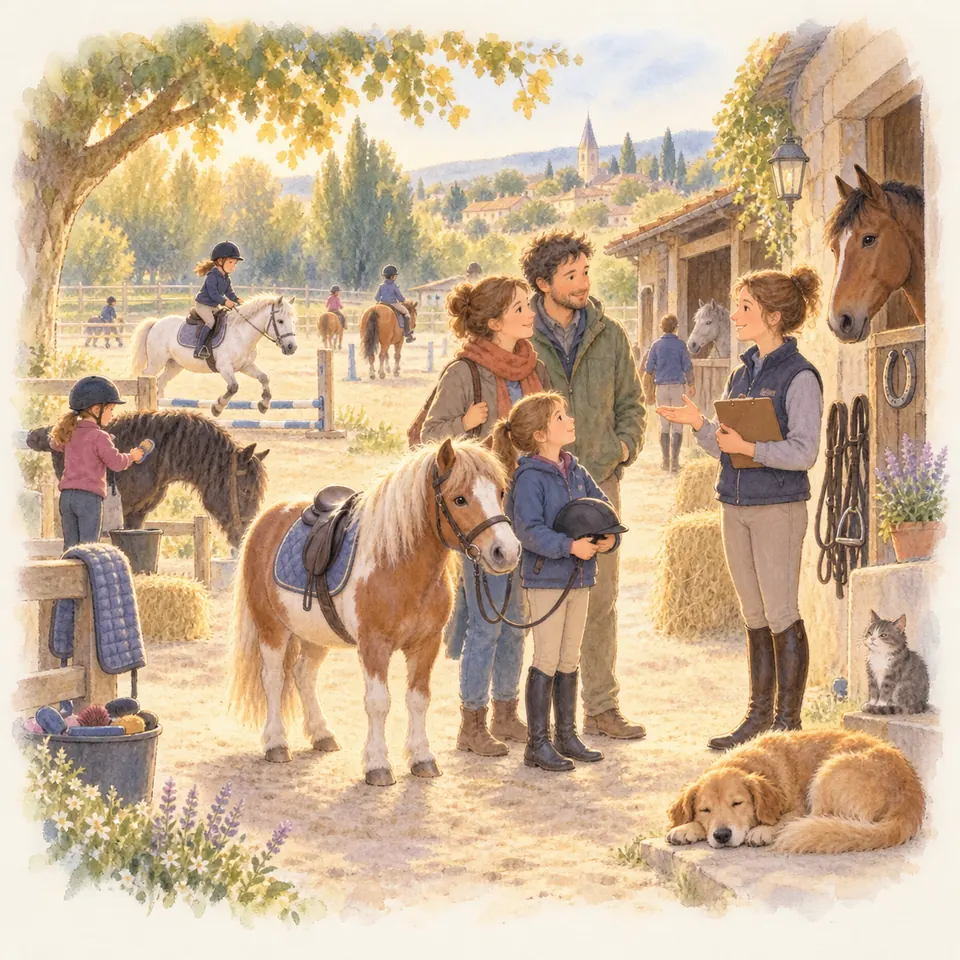 Une monitrice tenant un dossier échange avec des parents et leur enfant, près d’un poney pie alezan sellé devant les écuries
