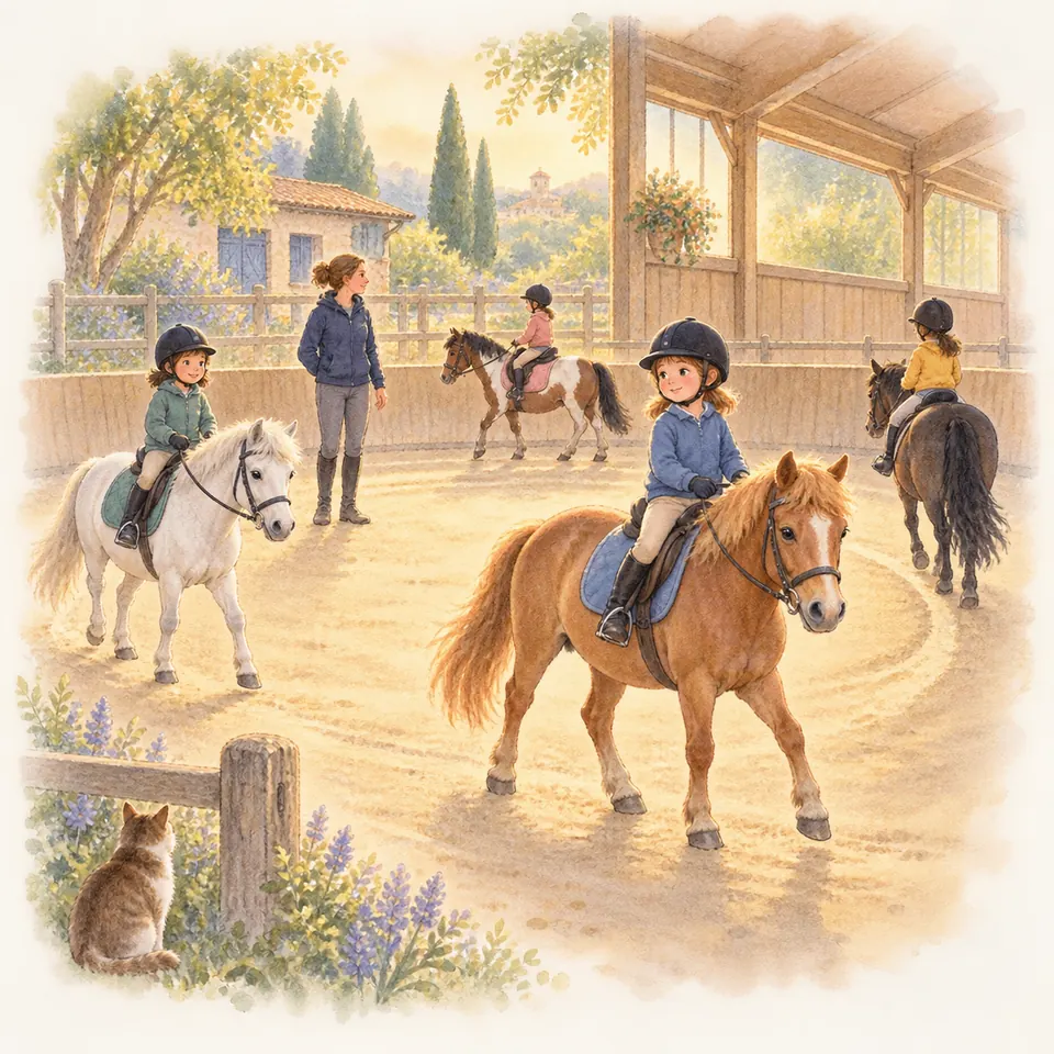 Quatre enfants casqués montent des poneys dans un manège, dont un alezan et un gris, sous le regard d’une monitrice