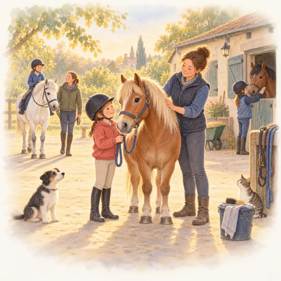 Dans une cour d’écurie, une enfant tient la longe d’un poney alezan tandis qu’une femme lui caresse l’encolure, avec une cavalière sur un cheval blanc et un chien