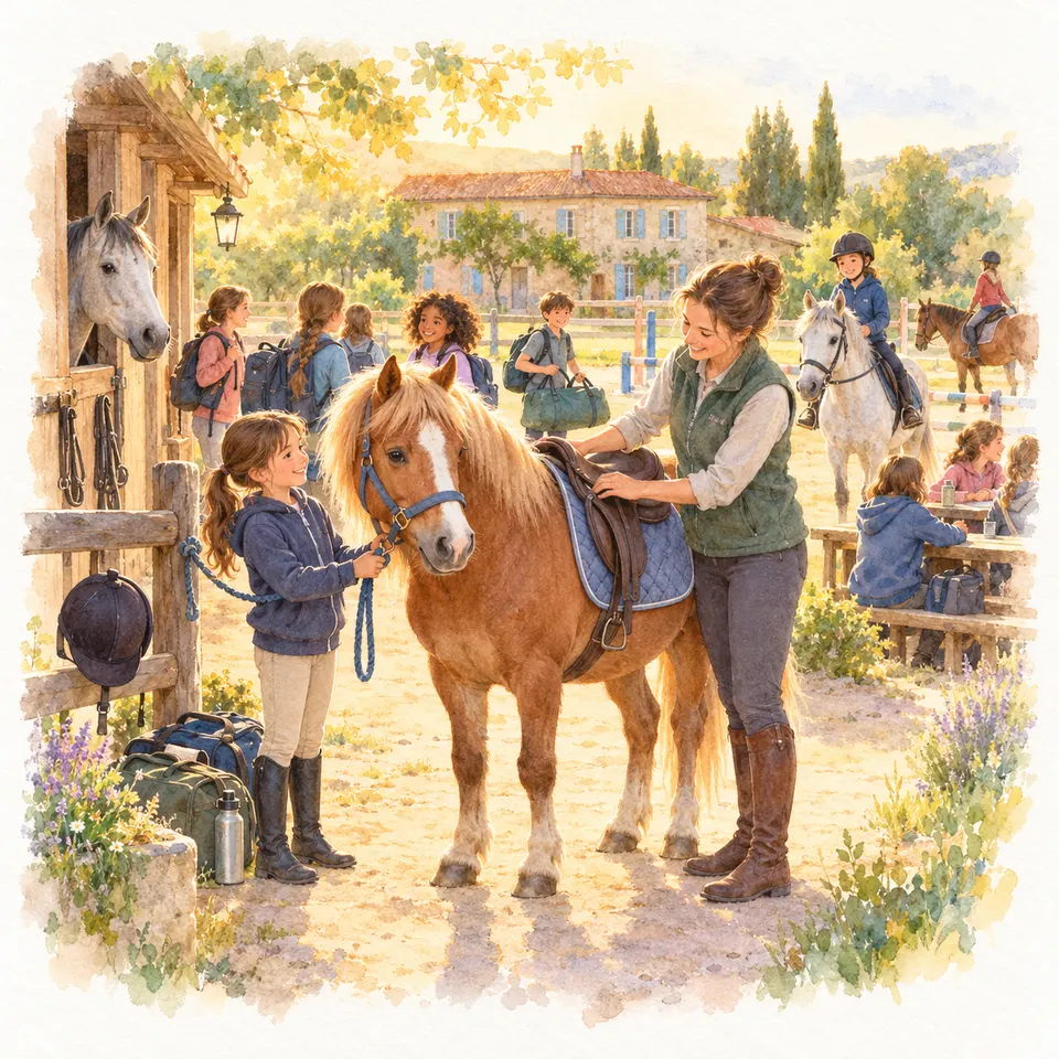 Des enfants préparent leurs sacs près d’un poney pie alezan, tandis que des cavaliers arrivent dans la cour de l’écurie