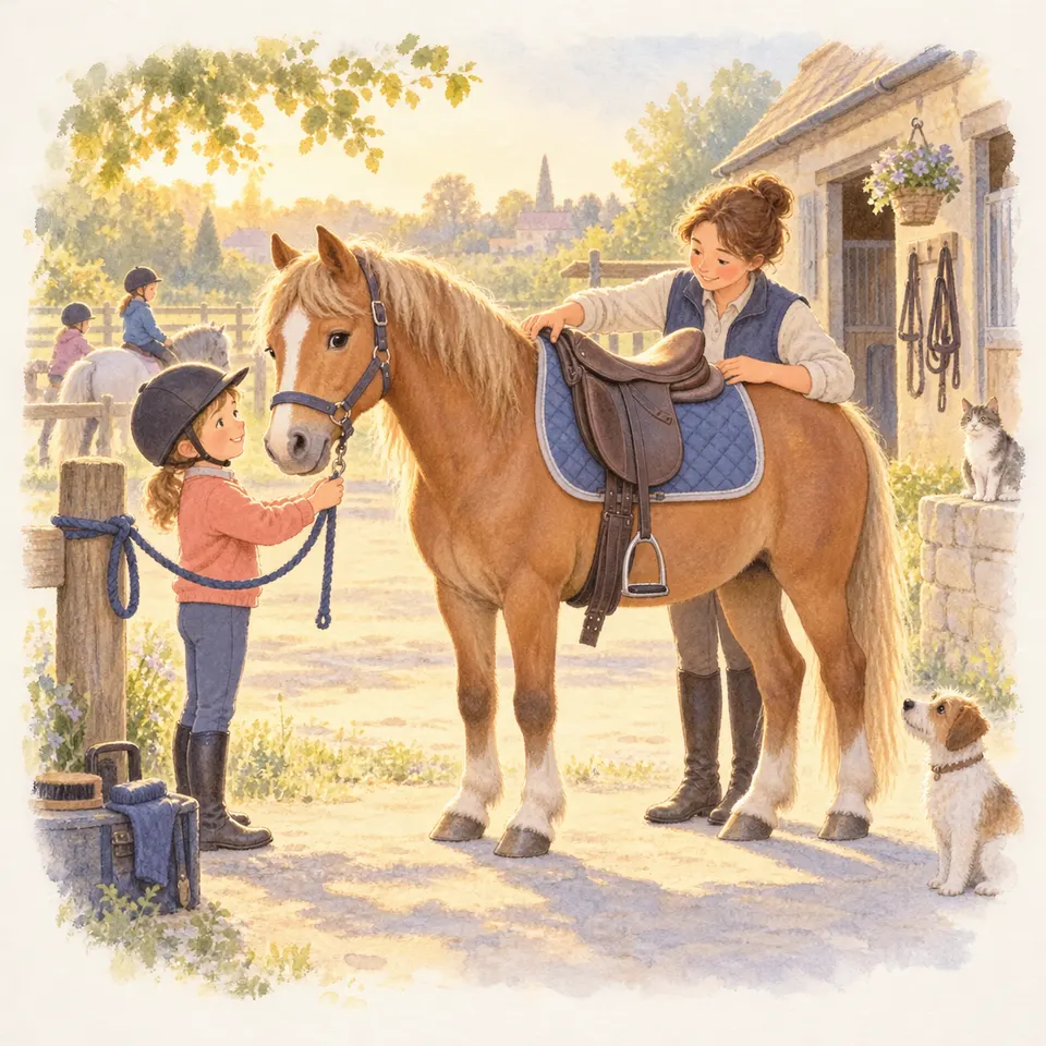 Une enfant tient la longe d’un cheval alezan tandis qu’une cavalière ajuste sa selle dans une cour d’écurie, avec deux jeunes cavaliers, un chat et un chien