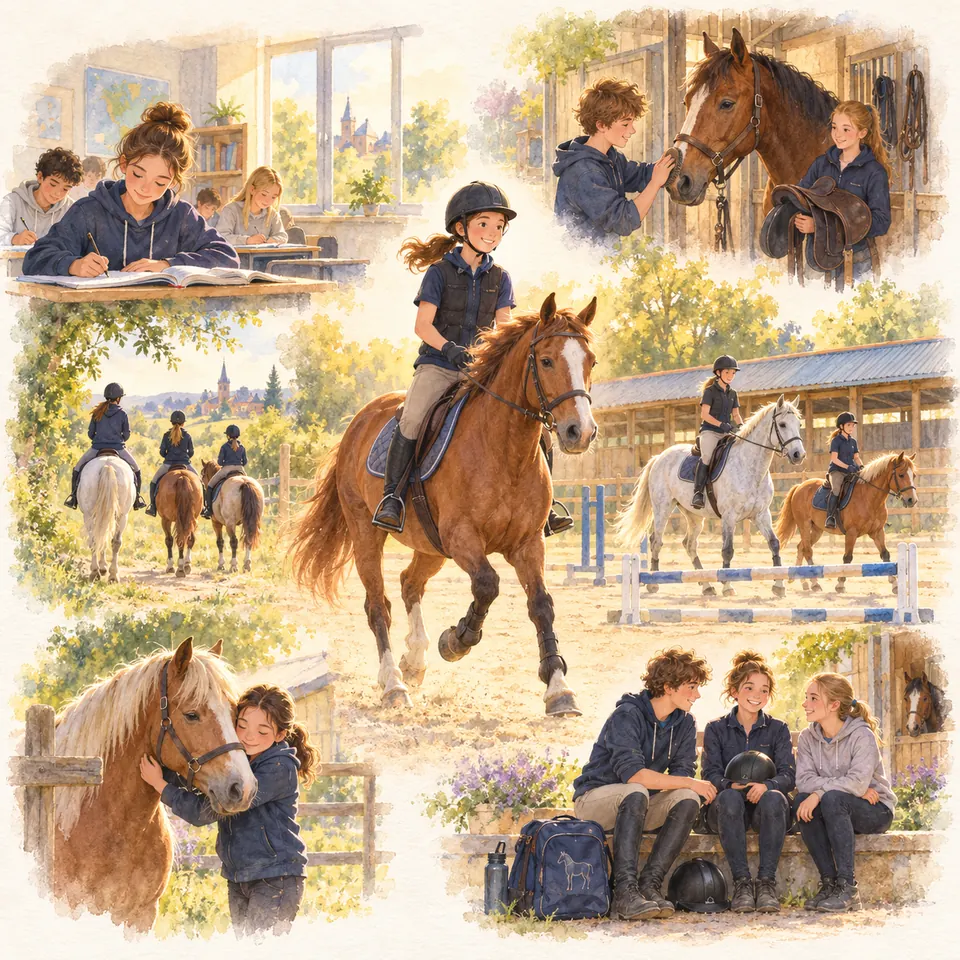 Des jeunes étudient en classe, préparent un cheval bai à l’écurie et montent à cheval dans une carrière