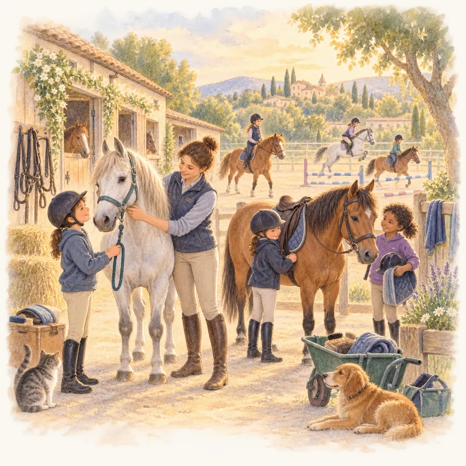Une enfant brosse un poney alezan tandis qu’une monitrice accompagne un enfant sur un cheval gris dans la cour de l’écurie