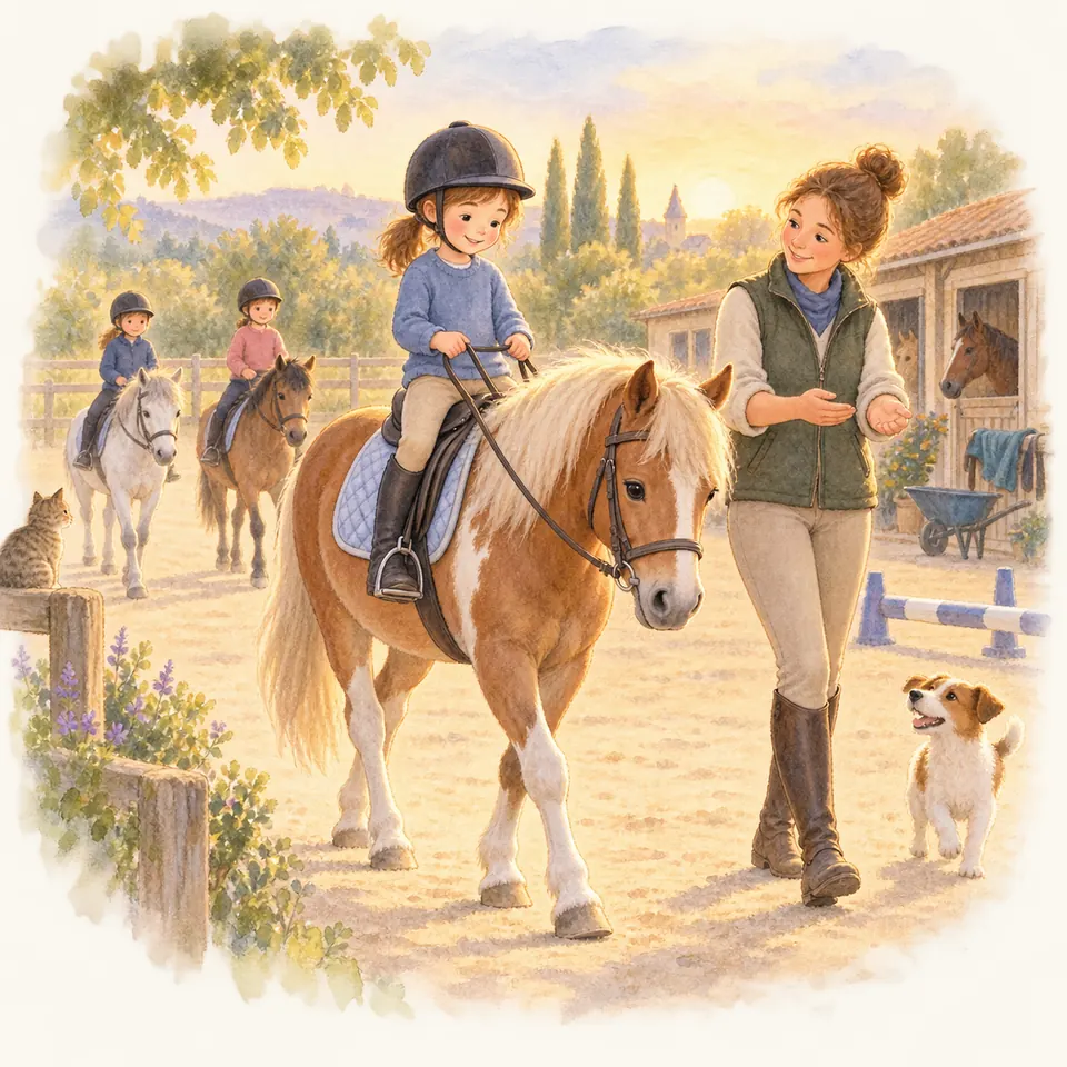 Une enfant tient les rênes d’un poney pie alezan au pas, accompagnée d’une monitrice près de l’écurie