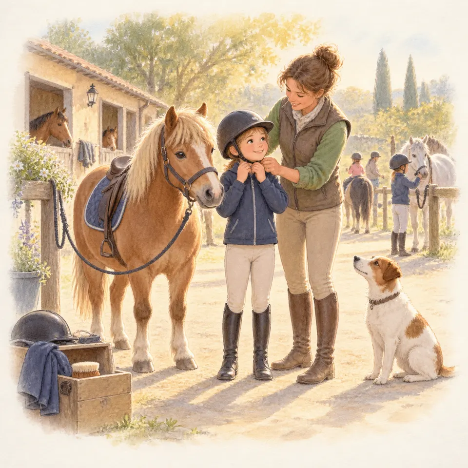 Une monitrice ajuste la jugulaire du casque d’une enfant en pantalon d’équitation et bottes, près d’un poney alezan sellé