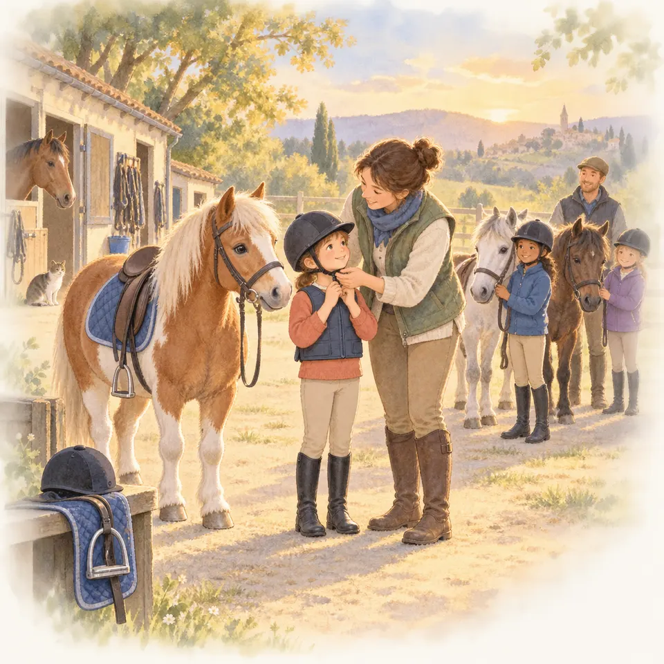 Une monitrice vérifie le casque d’une enfant portant un gilet de protection, tandis qu’une autre ajuste l’étrier d’un poney