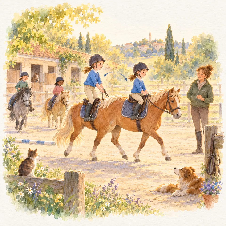Des enfants à poney alternent les positions assise et levée au trot sous le regard d’une monitrice dans la carrière