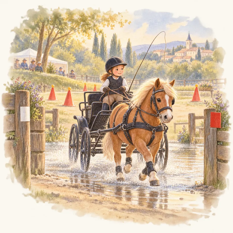 Un enfant mène un poney palomino attelé à une voiture dans un passage d’eau balisé de fanions